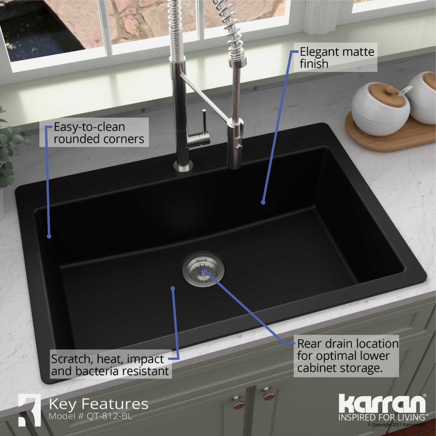 Karran 33 In. x 22 In. Black Quartz Drop-In Single Bowl Kitchen Sink Image 3