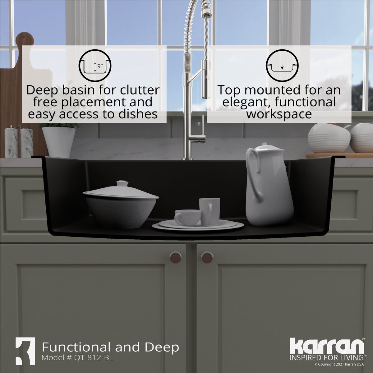 Karran 33 In. x 22 In. Black Quartz Drop-In Single Bowl Kitchen Sink Image 5