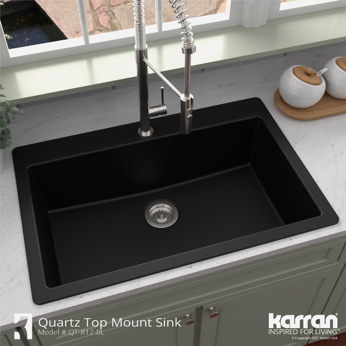 Karran 33 In. x 22 In. Black Quartz Drop-In Single Bowl Kitchen Sink Image 2