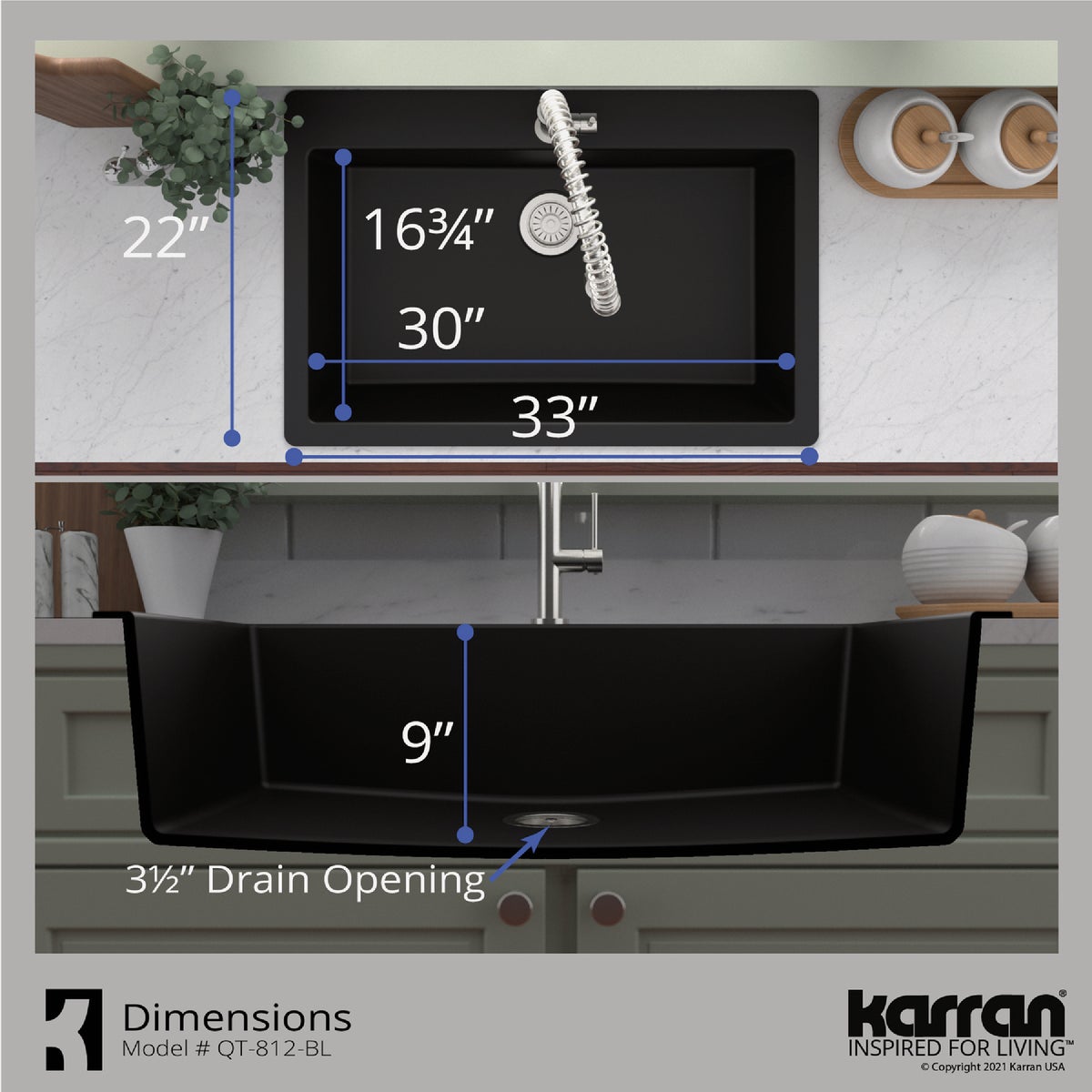 Karran 33 In. x 22 In. Black Quartz Drop-In Single Bowl Kitchen Sink Image 4