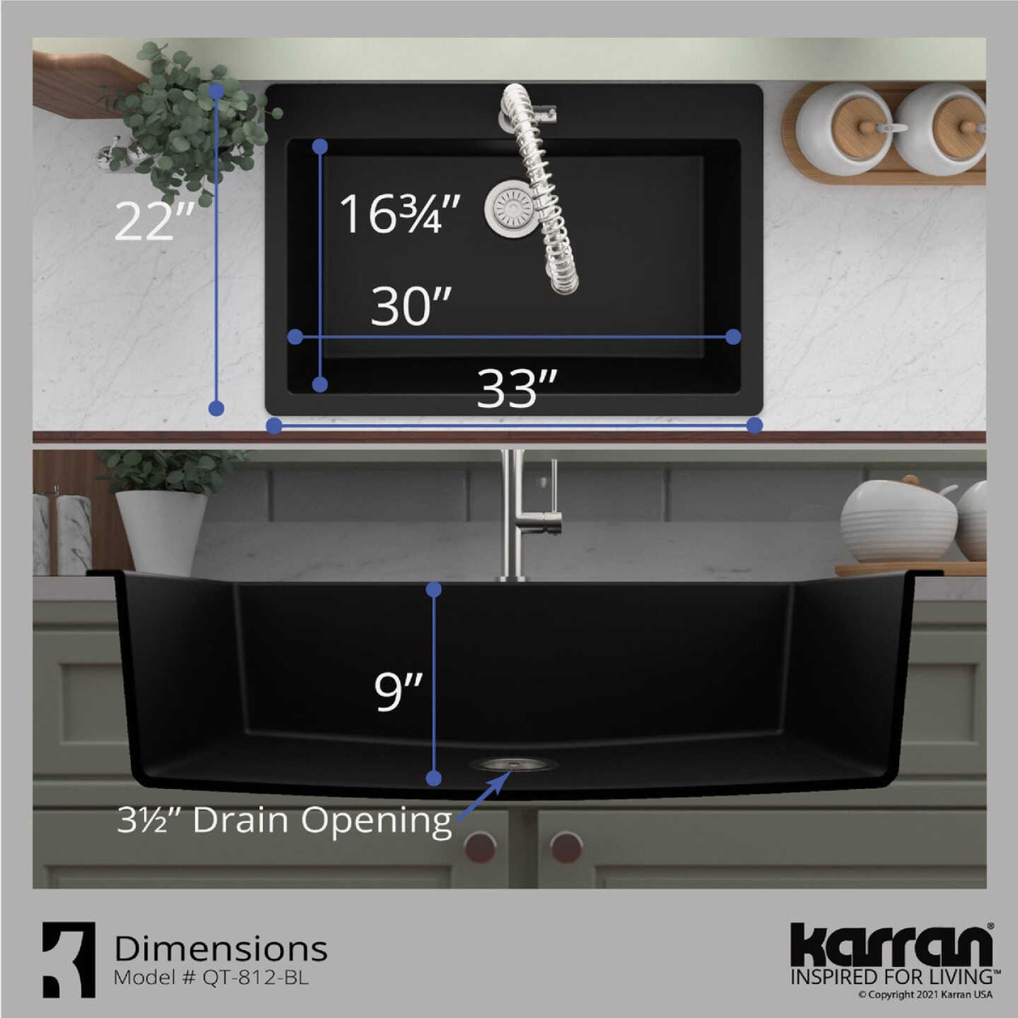 Karran 33 In. x 22 In. Black Quartz Drop-In Single Bowl Kitchen Sink Image 4