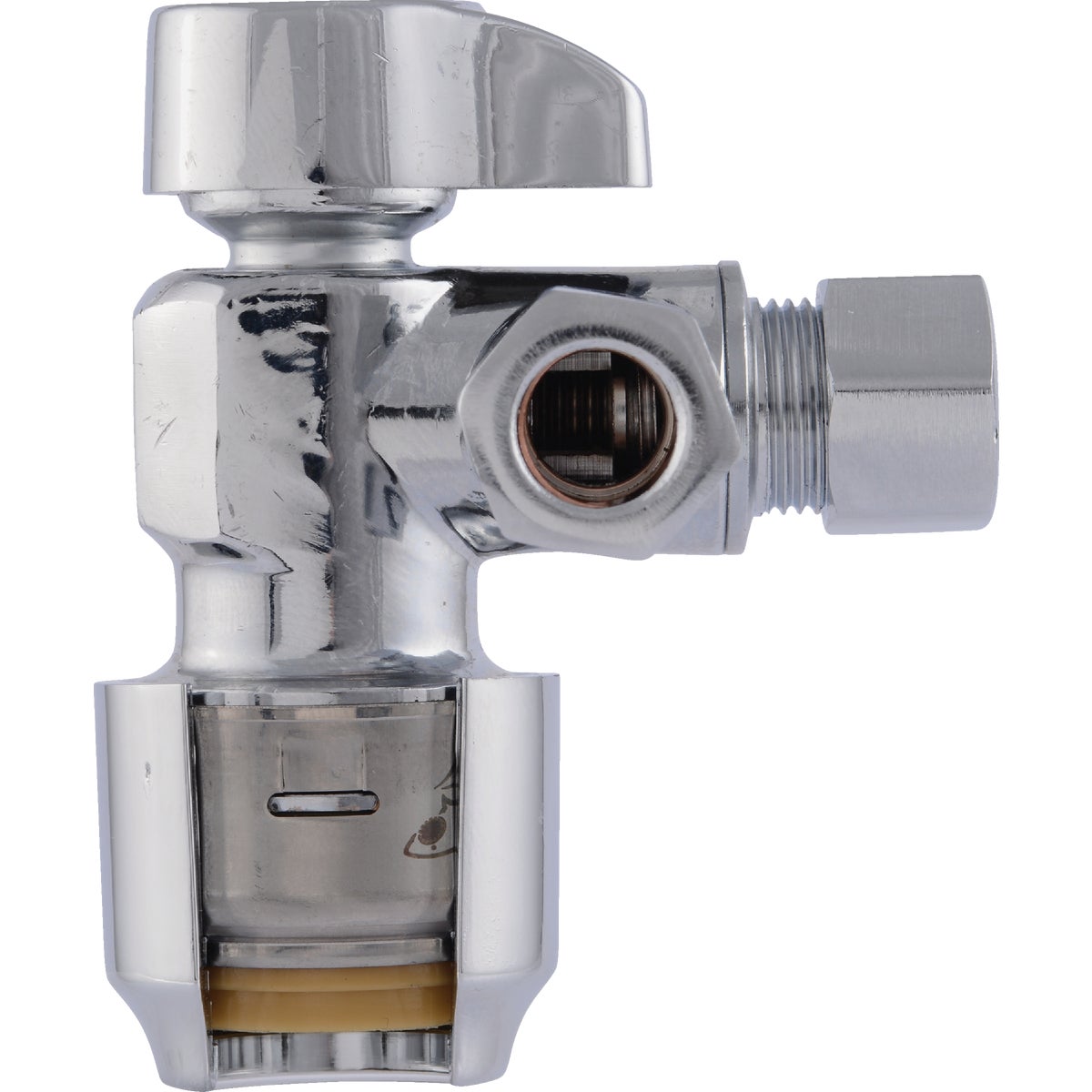 SharkBite 1/2 in. Push-to-Connect x 3/8 in. OD Compression x 3/8 in. OD Compression Chrome-Plated Brass Dual Stop Quarter Turn Angle Valve Image 8