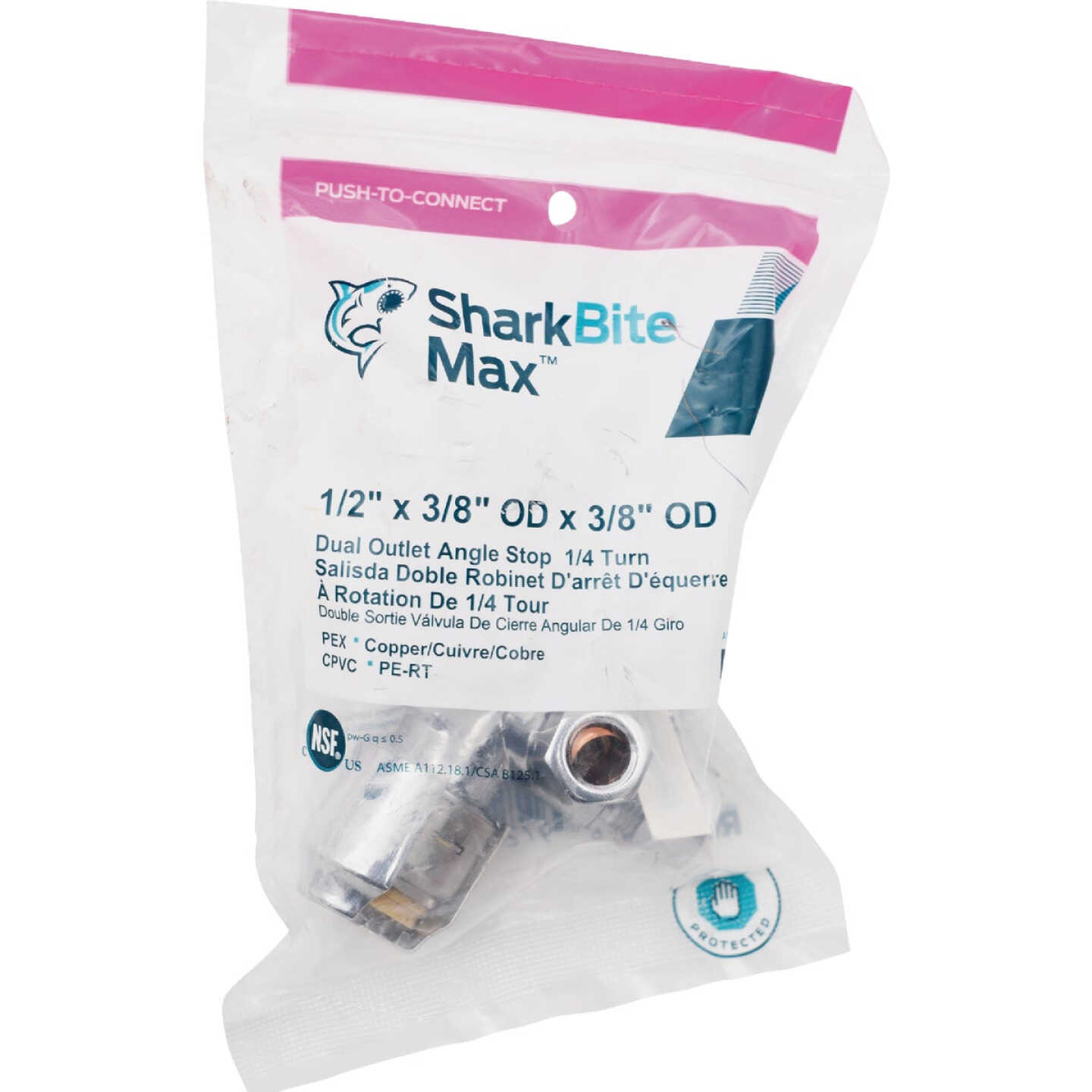 SharkBite 1/2 in. Push-to-Connect x 3/8 in. OD Compression x 3/8 in. OD Compression Chrome-Plated Brass Dual Stop Quarter Turn Angle Valve Image 6