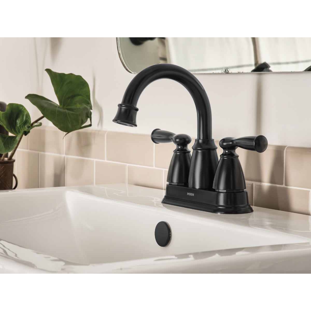 Moen Banbury 2-Handle Lever High Arc Centerset Bathroom Faucet with Push-Down, Matte Black Image 2