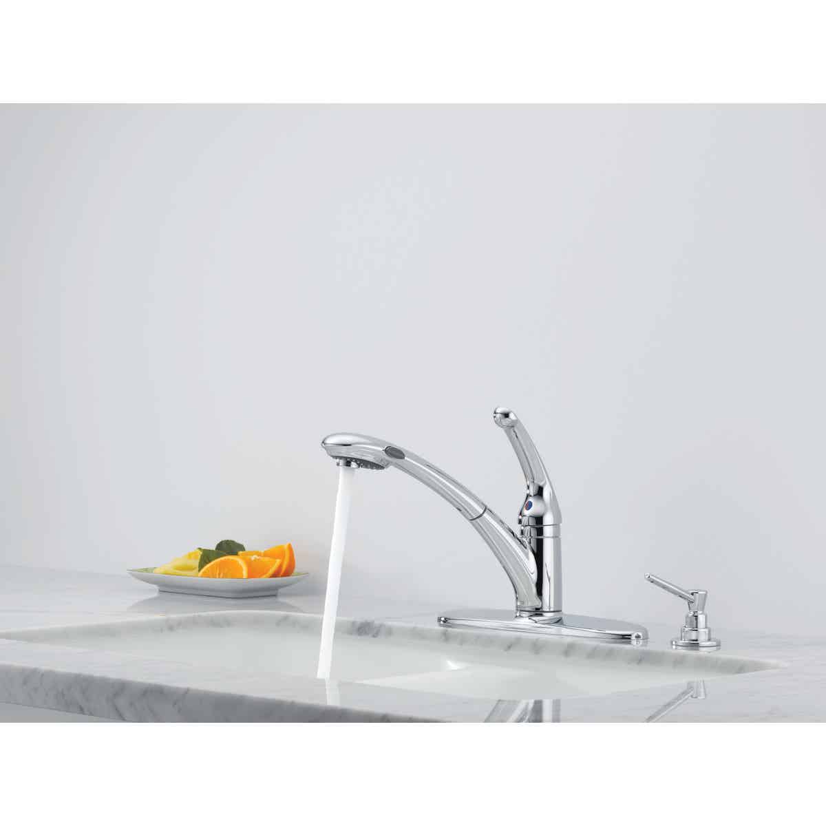 Delta Signature 1-Handle Lever Pull-Out Kitchen Faucet with Soap Dispenser, Chrome Image 3