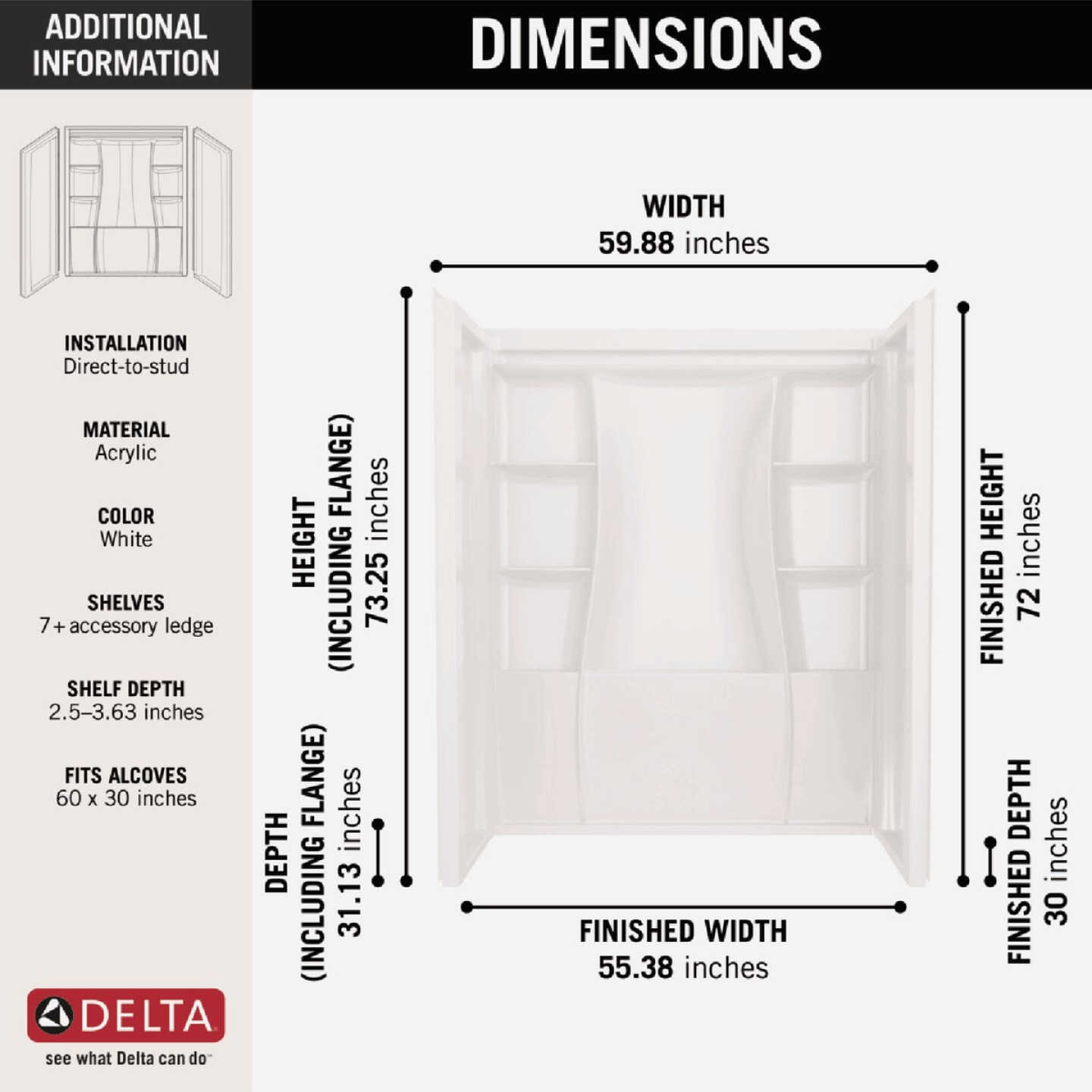 Delta Classic 500 60 In. x 73.25 In. x 30 In. Alcove Shower Wall Set, White (3-Piece) Image 2