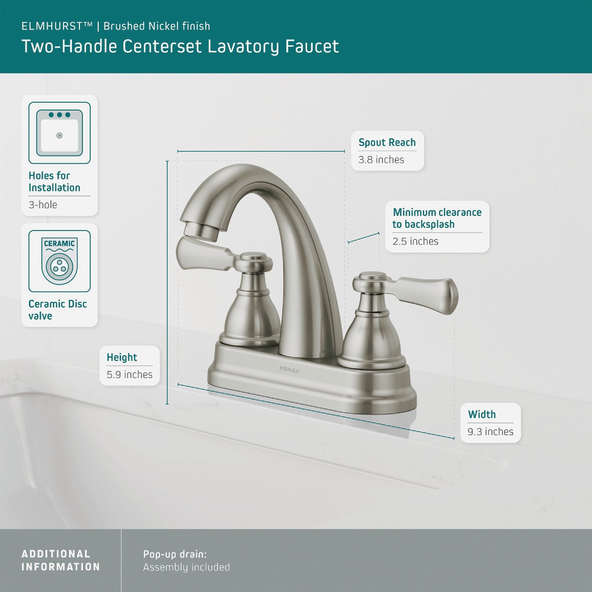 Peerless Elmhurst Brushed Nickel 2-Handle Lever 4 In. Centerset  Spout Bathroom Faucet Image 2