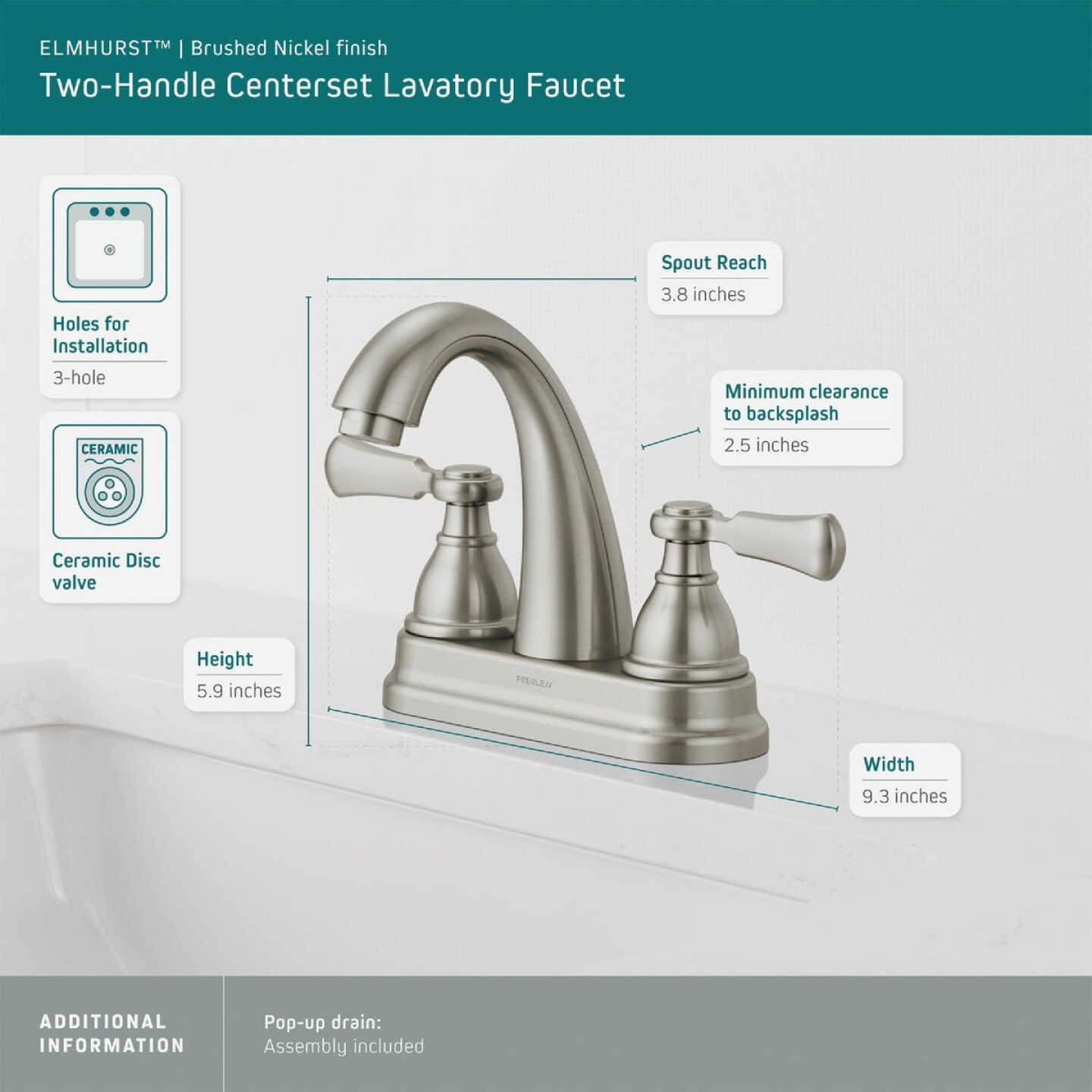 Peerless Elmhurst Brushed Nickel 2-Handle Lever 4 In. Centerset Spout Bathroom Faucet Image 2