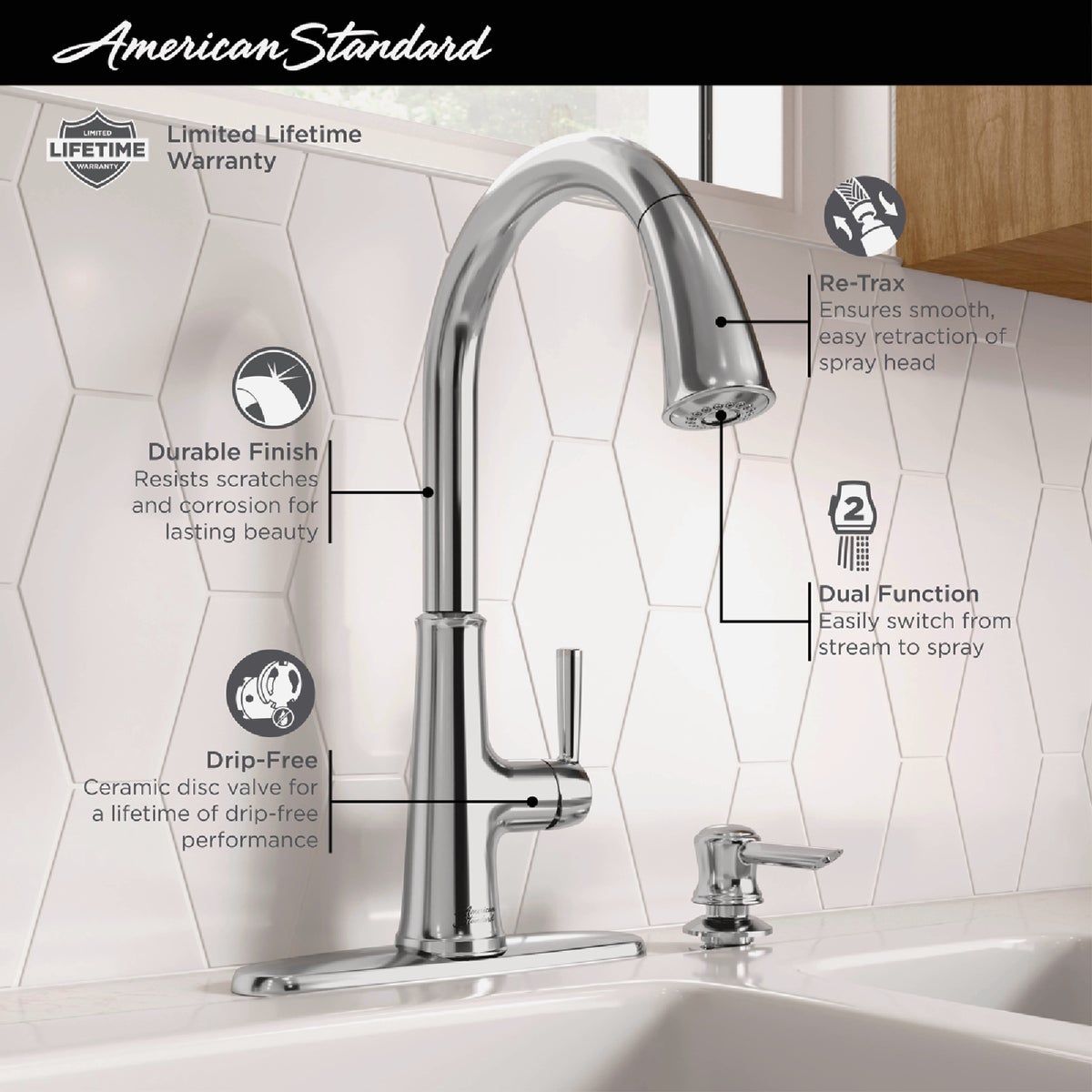 American Standard Maven 1-Handle Lever Pull-Down Kitchen Faucet with Soap Dispenser, Stainless Steel Image 3