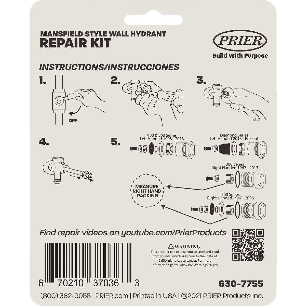 Prier Mansfield Style Service Parts Kit for Model No. 378/578 Series Wall Hydrants Image 2