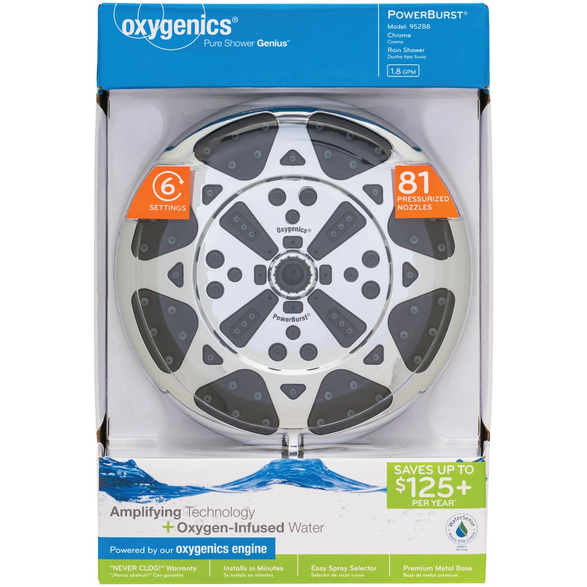 Oxygenics PowerBurst 6-Spray 1.8 GPM Rainshower Fixed Shower Head, Chrome Image 2