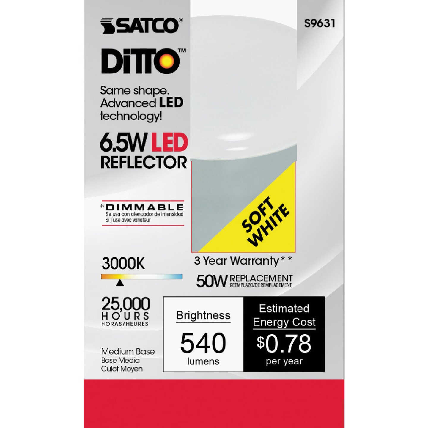 Satco Ditto 50W Equivalent Warm White R20 Medium Dimmable LED Floodlight Light Bulb Image 1