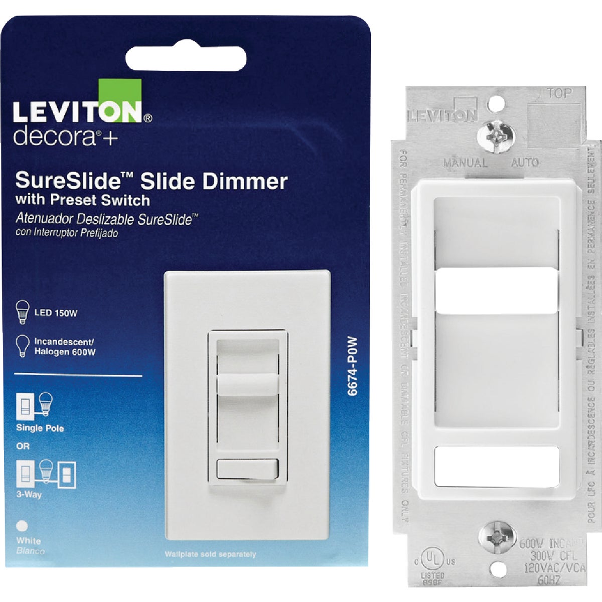Leviton Decora SureSlide Incandescent/Halogen/LED White Slide Dimmer Switch