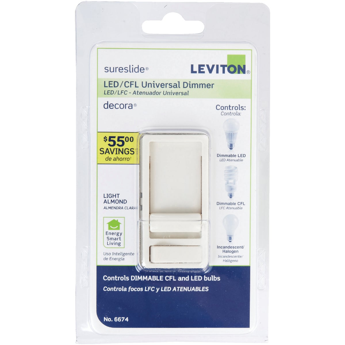 Leviton Decora Incandescent/LED/CFL Light Almond Slide Dimmer Switch Image 2