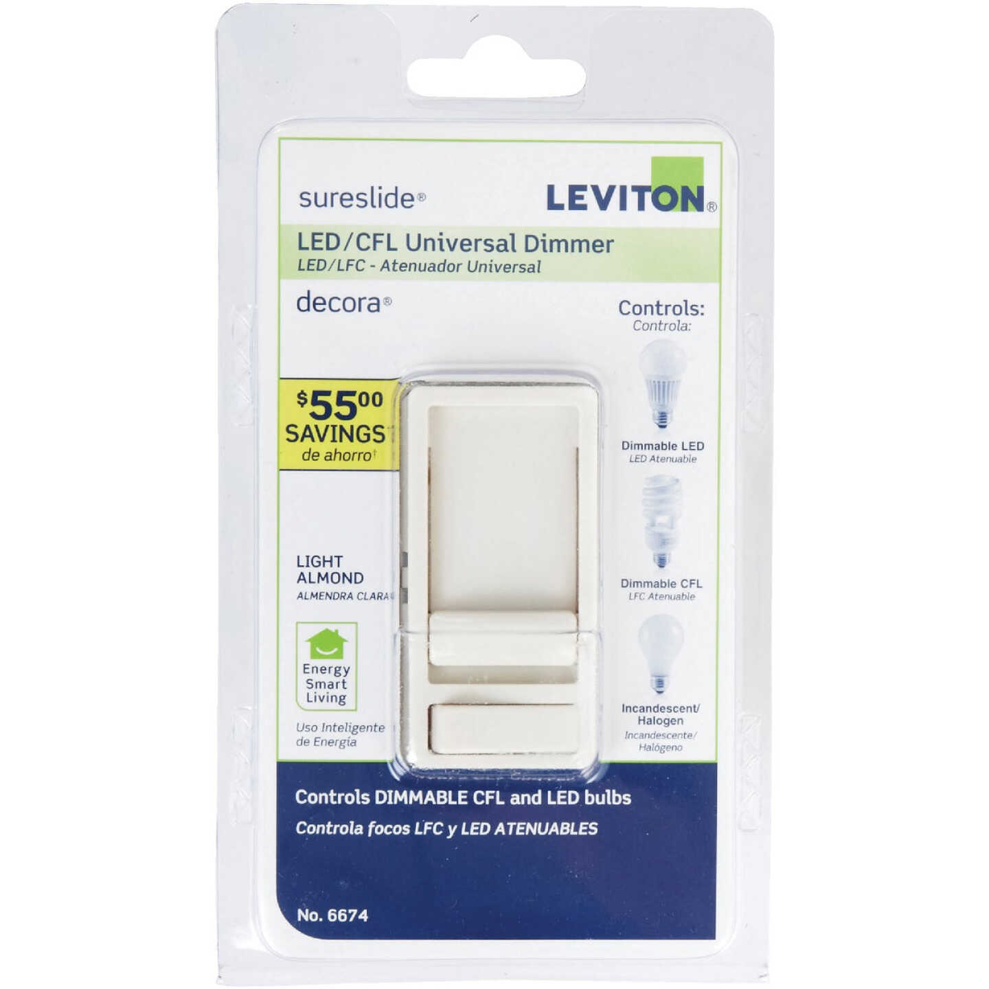 Leviton Decora Incandescent/LED/CFL Light Almond Slide Dimmer Switch Image 2