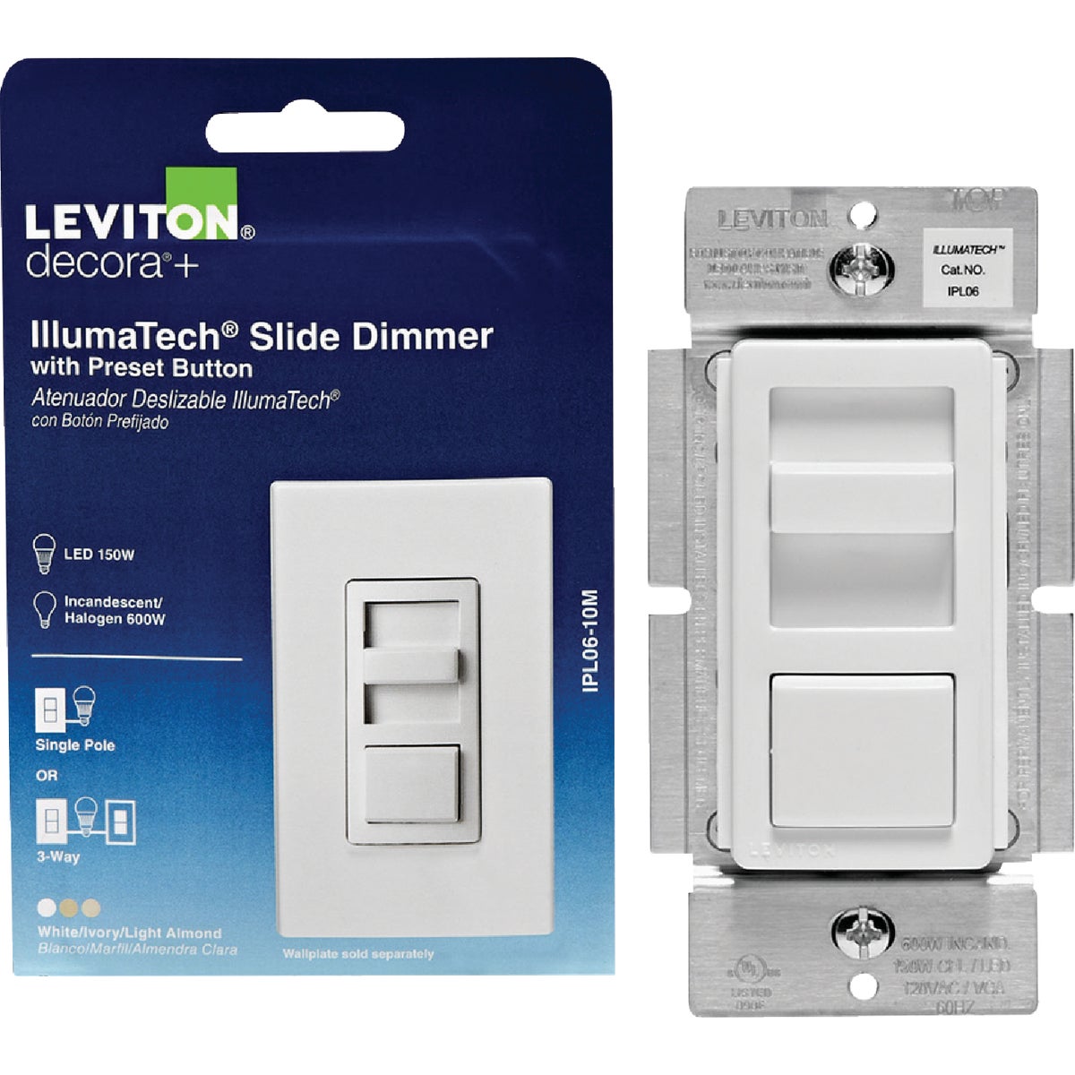 Leviton Decora IllumaTech Incandescent/Halogen/LED White Slide Dimmer Switch