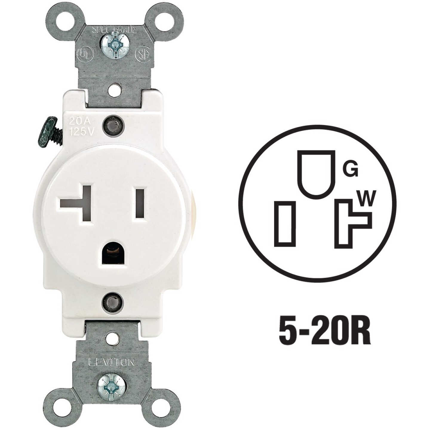Leviton 20A White Commercial Grade 5-20R Tamper Resistant Single Outlet Image 1