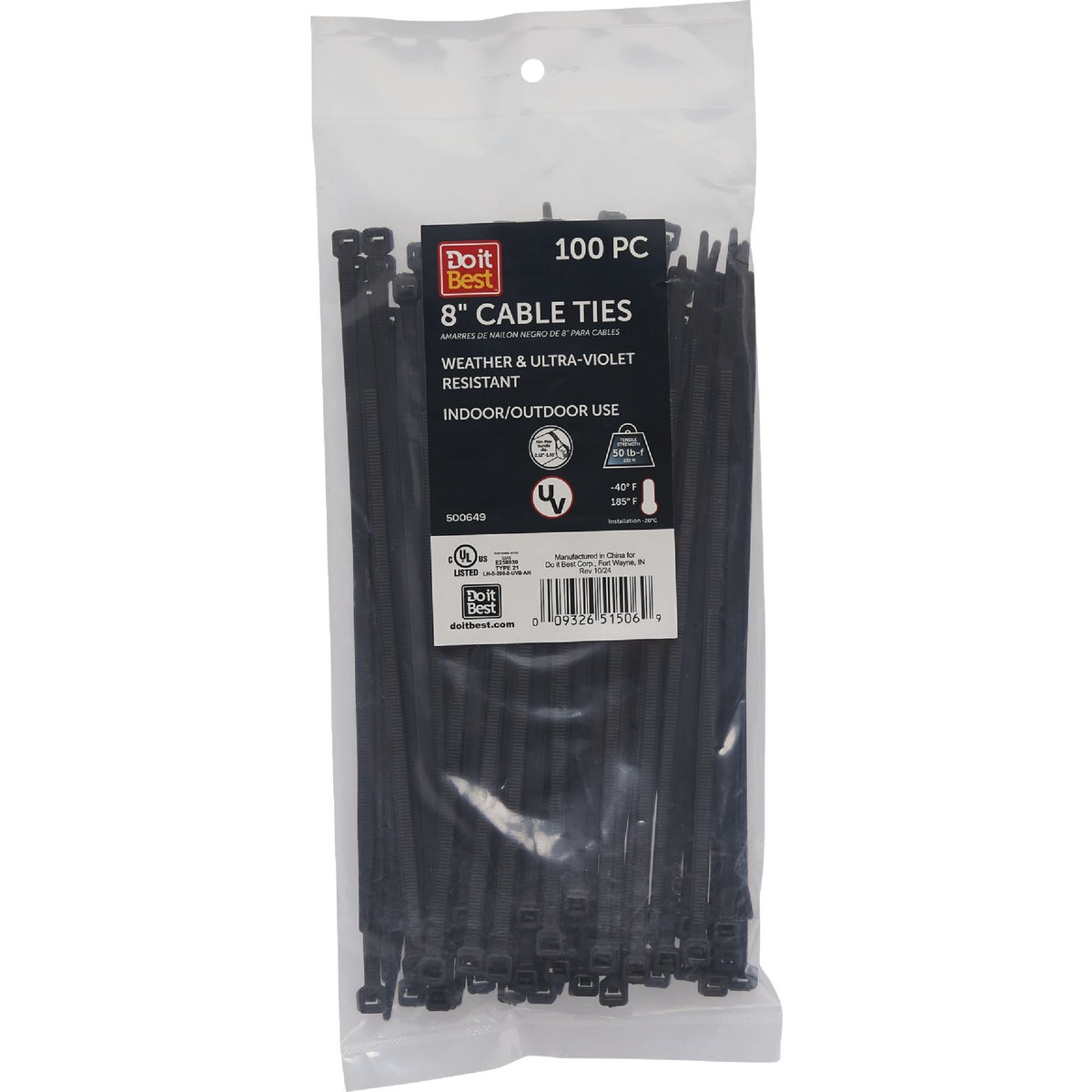 Do it Best 8 In. x 0.189 In. Black Molded Nylon Weather Resistant Cable Tie (100-Pack)
