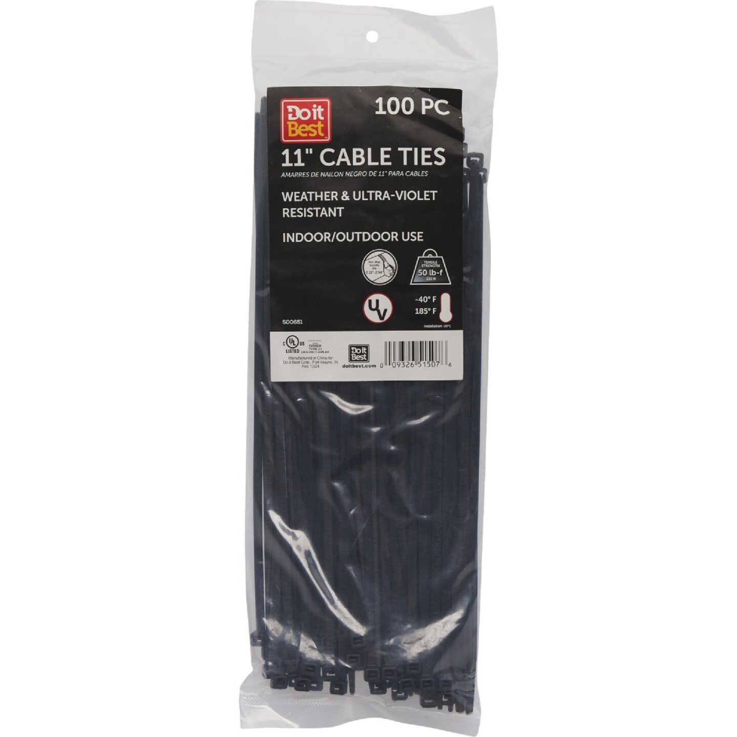 Do it Best 11 In. x 0.189 In. Black Molded Nylon Weather Resistant Cable Tie (100-Pack) Image 1