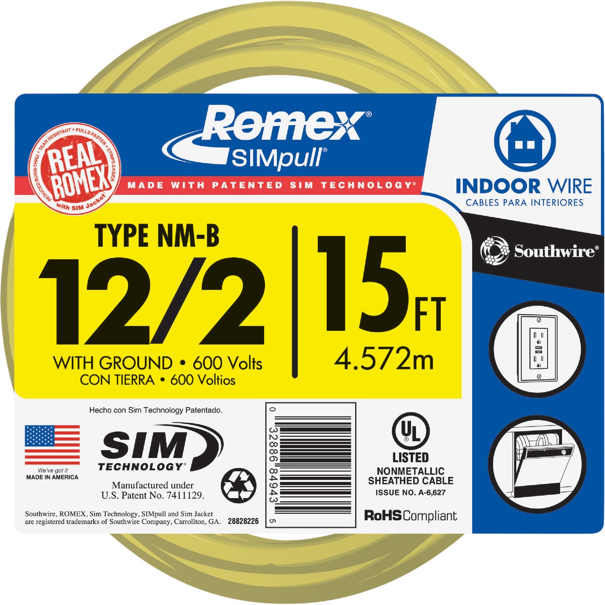 Romex 15 Ft. 12/2 Solid Yellow NMW/G Electrical Wire Image 1