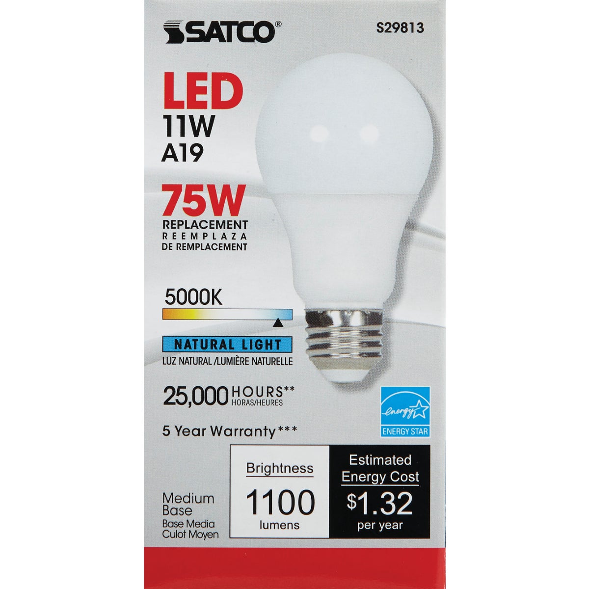 Satco 75W Equivalent Natural Light A19 Medium Dimmable LED Light Bulb Image 2