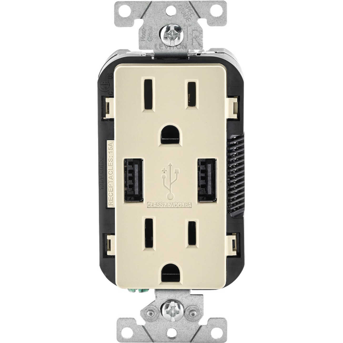 Leviton Decora 3.6A 5V Light Almond 2-Port USB Charging Outlet with 5-15R Tamper Resistant Duplex Outlet Image 1