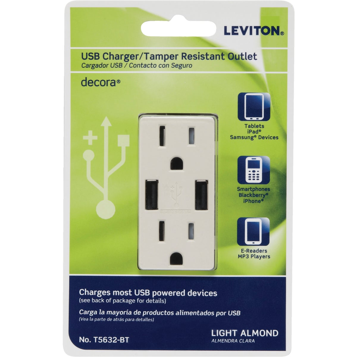 Leviton Decora 3.6A 5V Light Almond 2-Port USB Charging Outlet with 5-15R Tamper Resistant Duplex Outlet Image 2