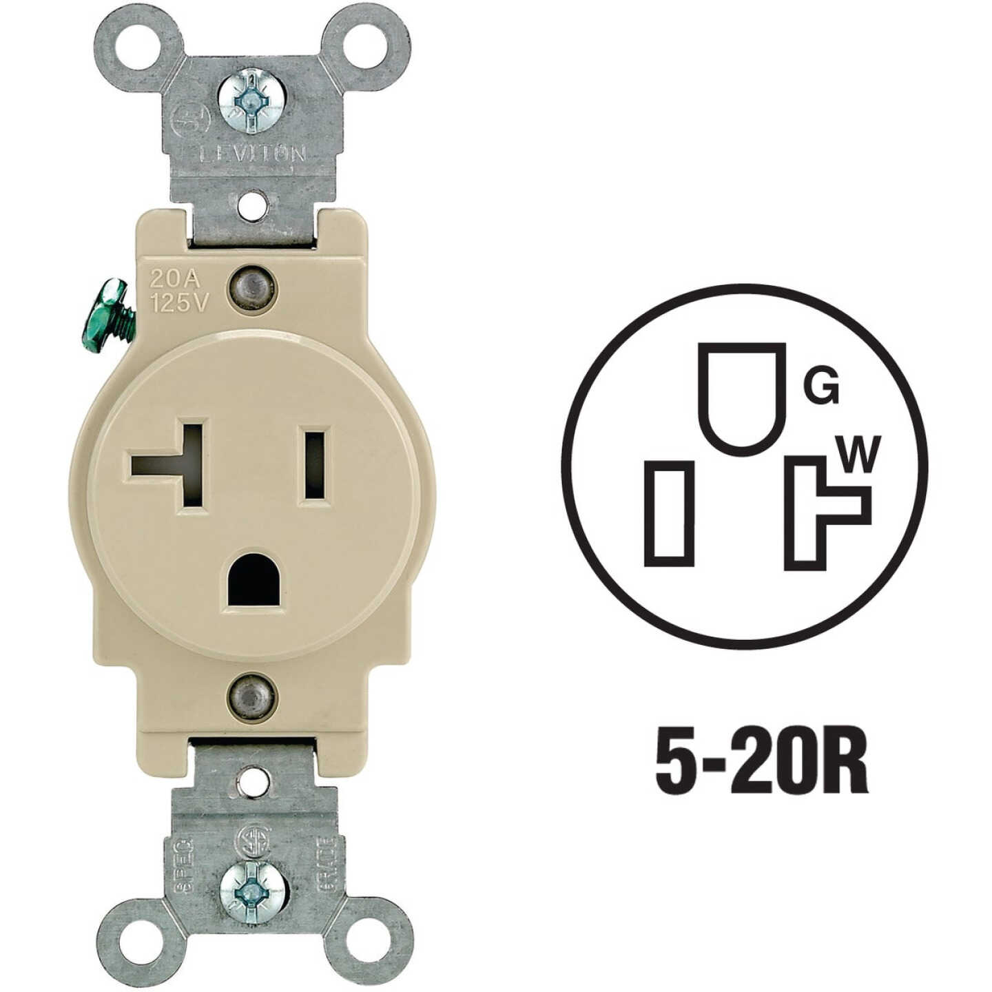 Leviton 20A Ivory Commercial Grade 5-20R Tamper Resistant Single Outlet Image 1