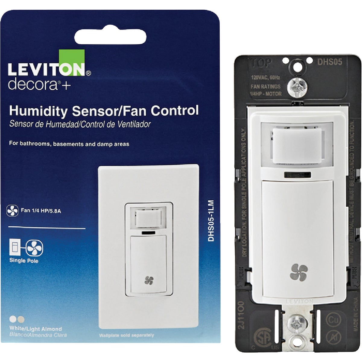 Leviton Decora White 120VAC In-Wall Humidity Sensor and Fan Control Switch for Bathroom Exhaust Fan