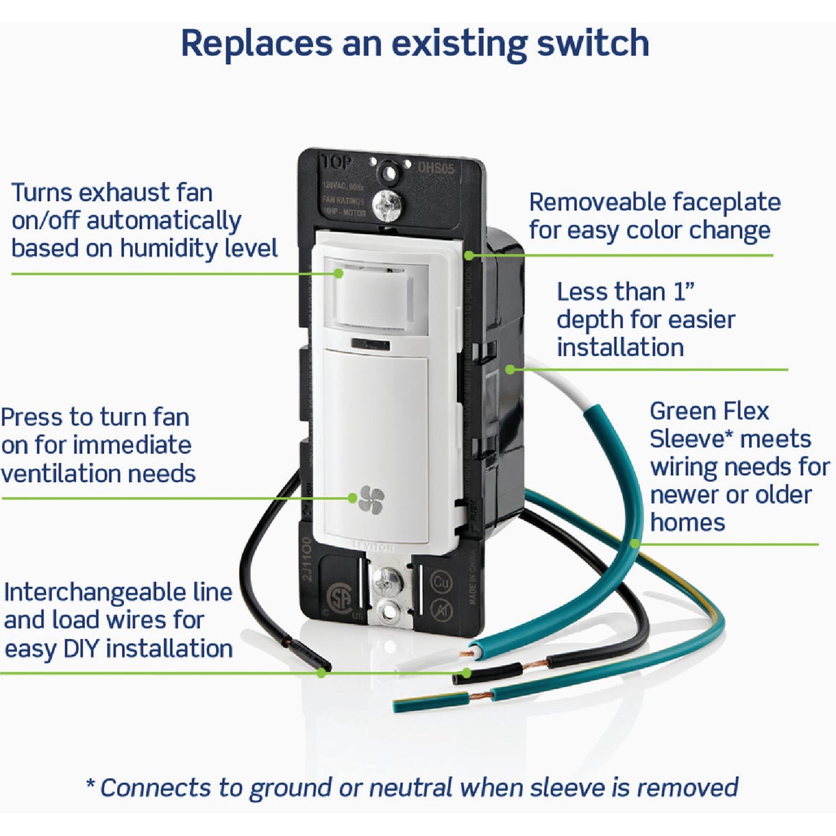 Leviton Decora White 120VAC In-Wall Humidity Sensor and Fan Control Switch for Bathroom Exhaust Fan Image 3