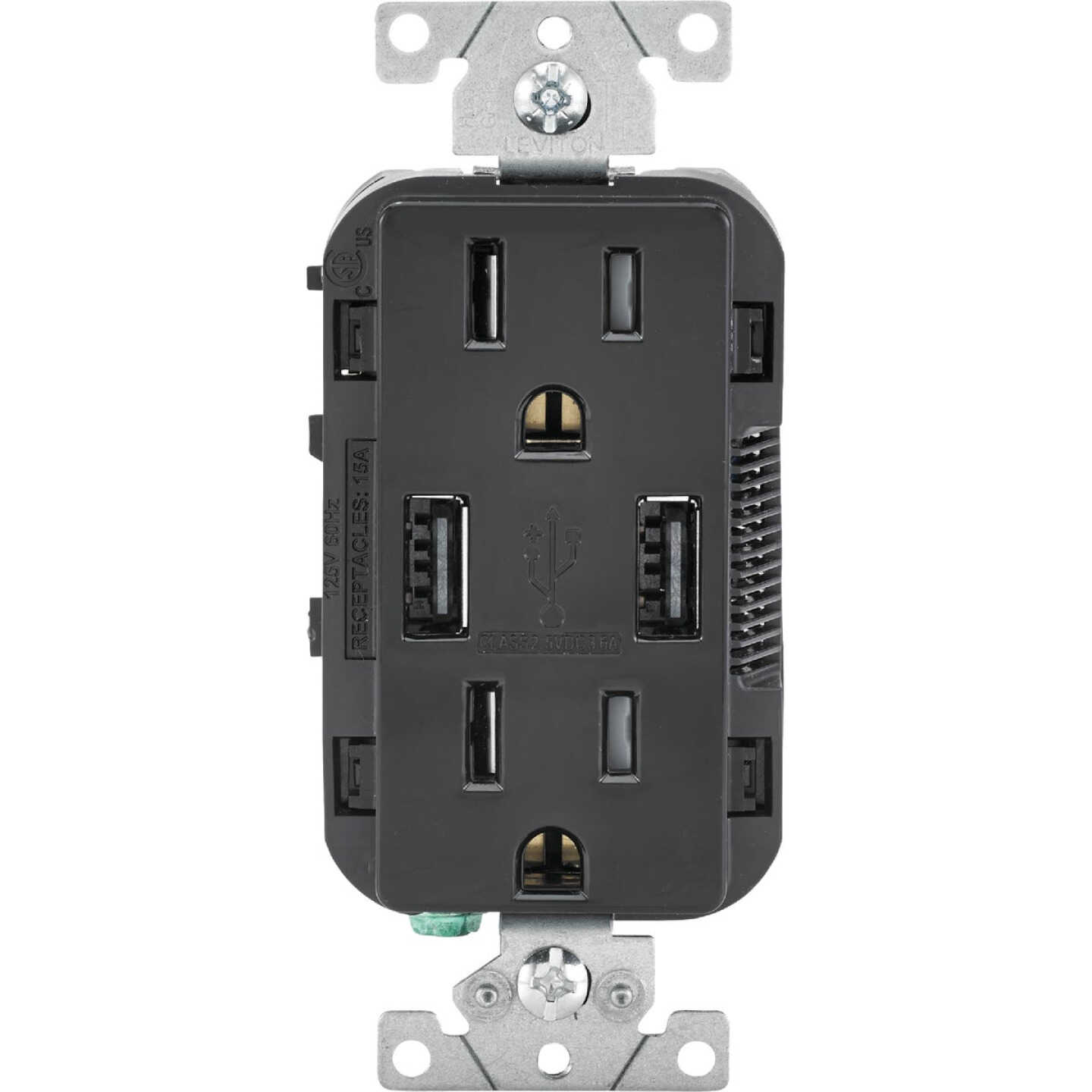 Leviton Decora 3.6A 5V Black 2-Port USB Charging Outlet with 5-15R Tamper Resistant Duplex Outlet Image 1