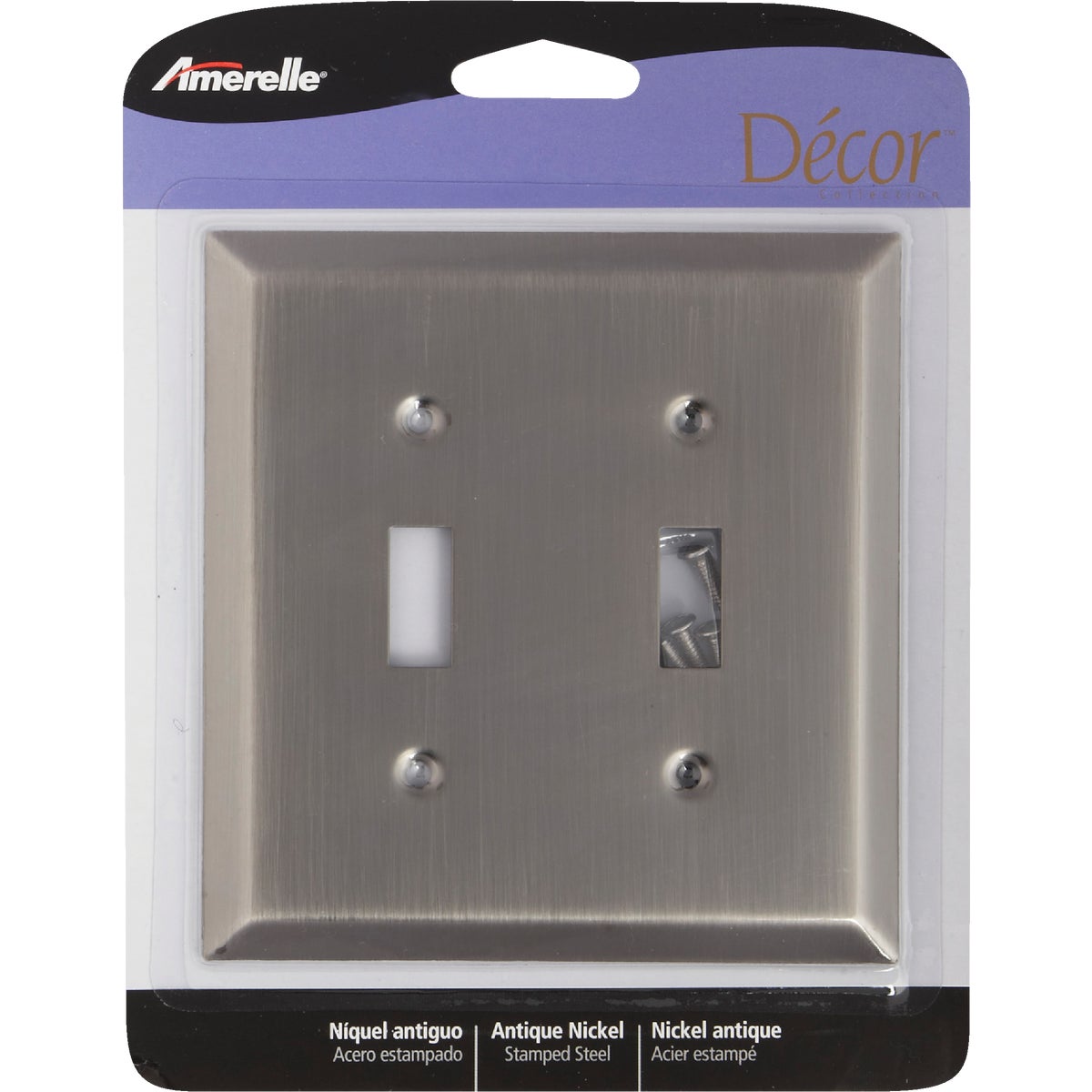 Amerelle 2-Gang Stamped Steel Toggle Switch Wall Plate, Antique Nickel Image 1