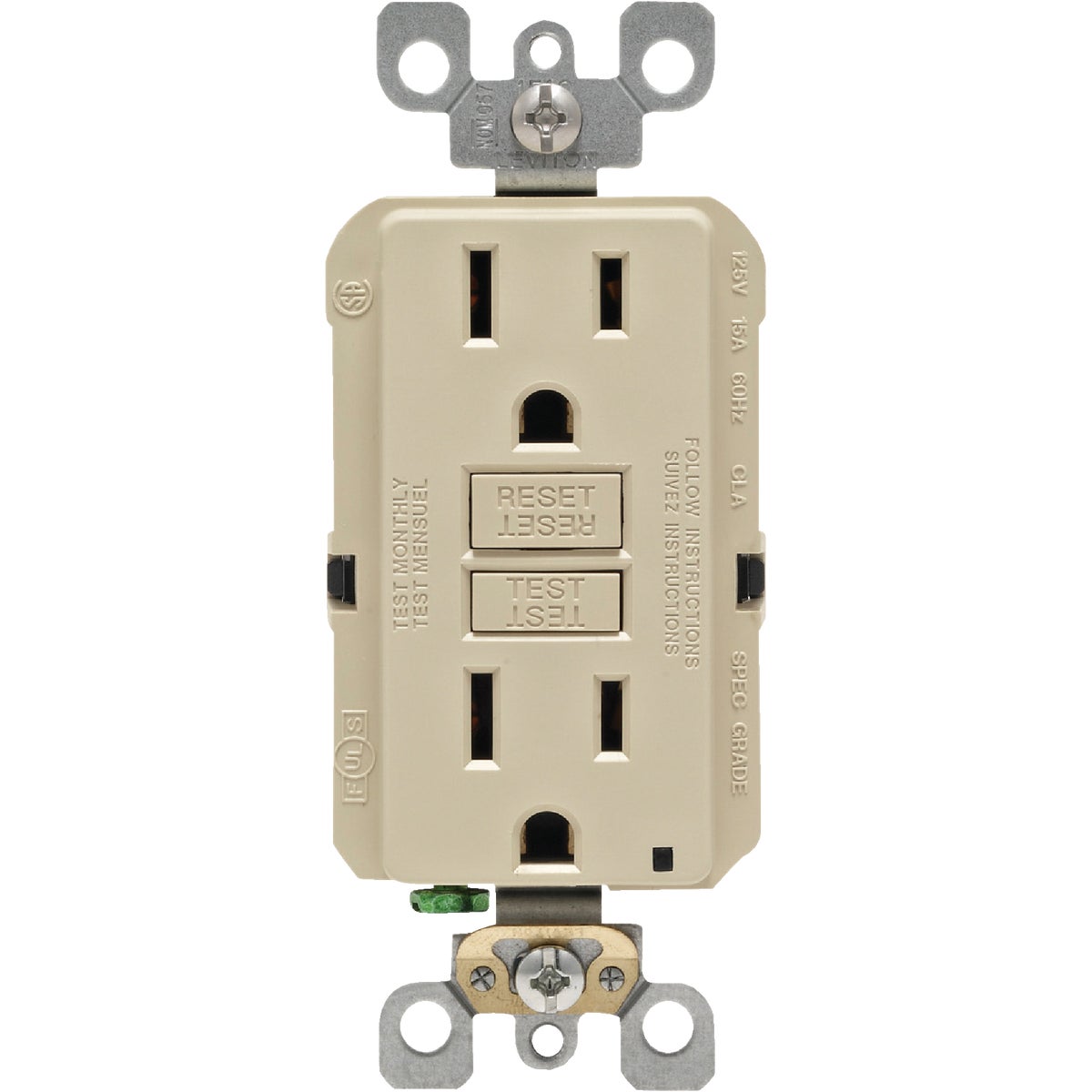 Leviton SmartlockPro Self-Test 15A Ivory Residential Grade Rounded Corner 5-15R GFCI Outlet Image 2