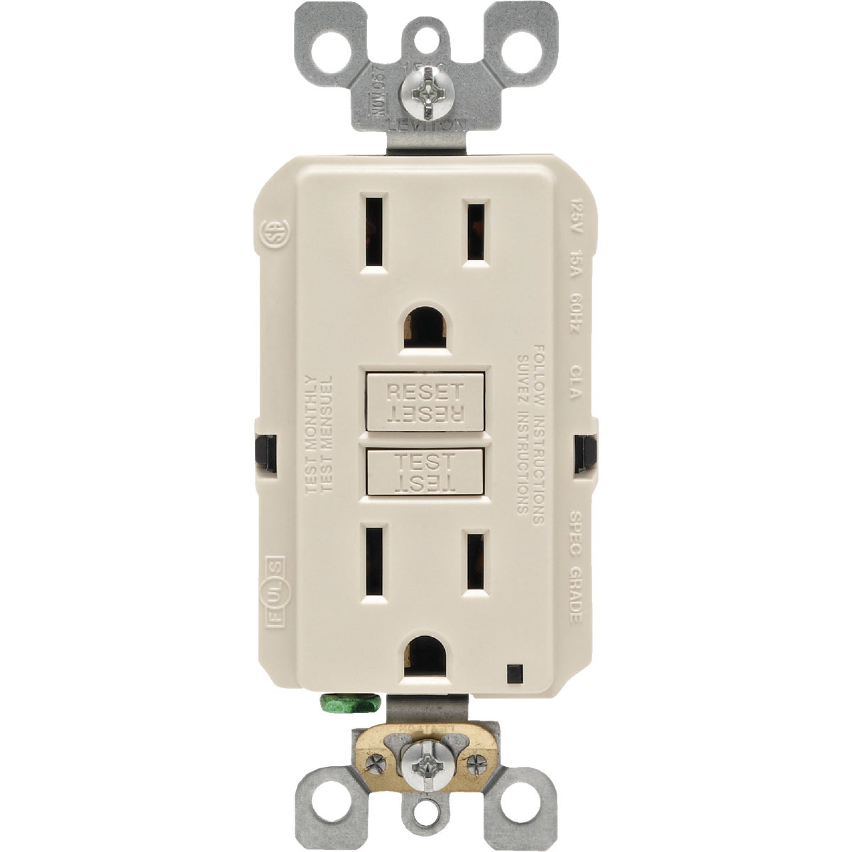 Leviton SmartlockPro Self-Test 15A Light Almond Residential Grade Rounded Corner 5-15R GFCI Outlet Image 2