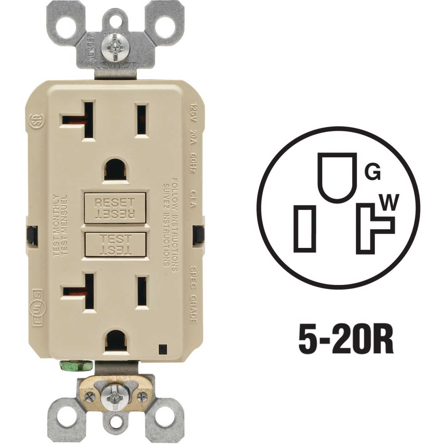 Leviton SmartlockPro Self-Test 20A Ivory Commercial Grade Rounded Corner 5-20R GFCI Outlet Image 1