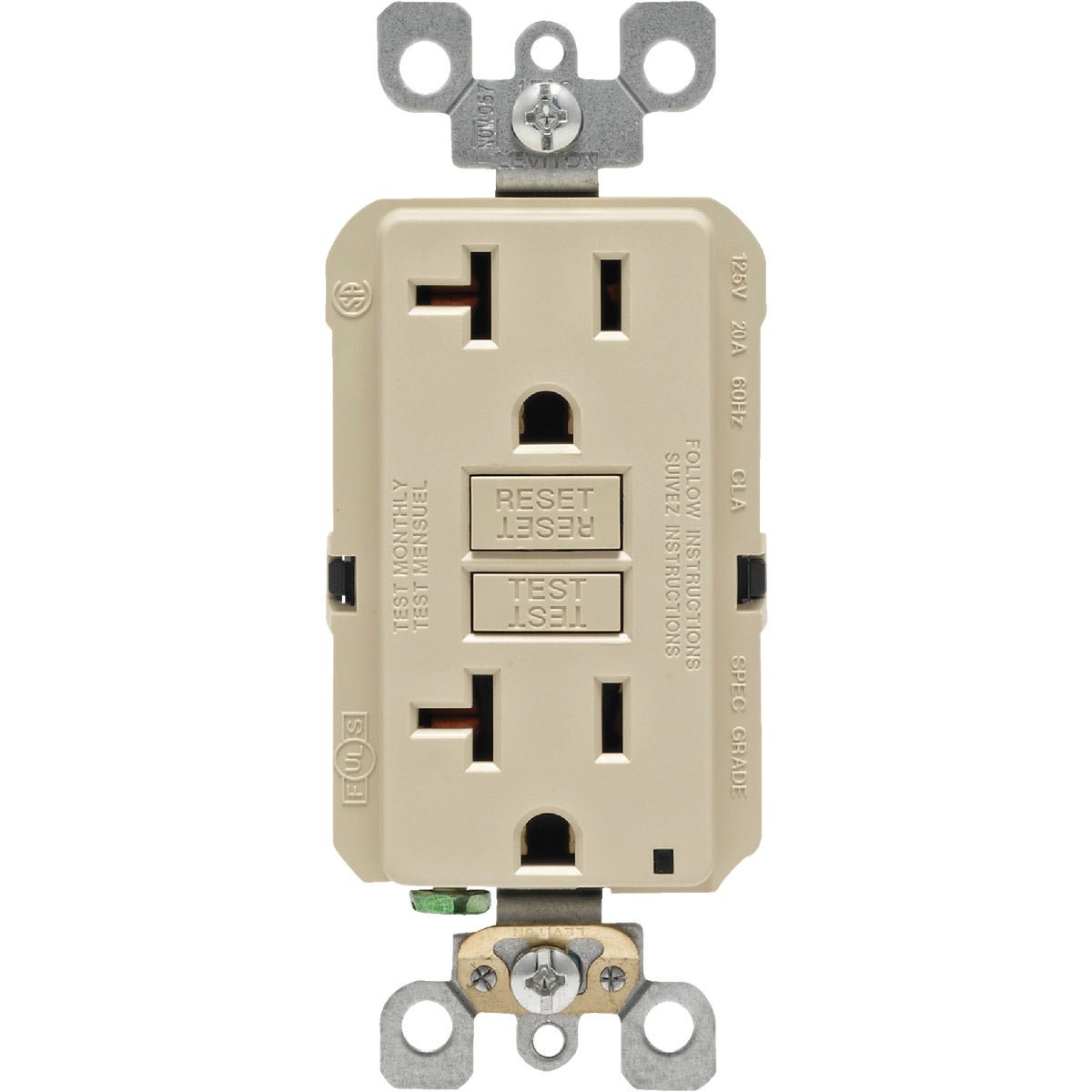 Leviton SmartlockPro Self-Test 20A Ivory Commercial Grade Rounded Corner 5-20R GFCI Outlet Image 2