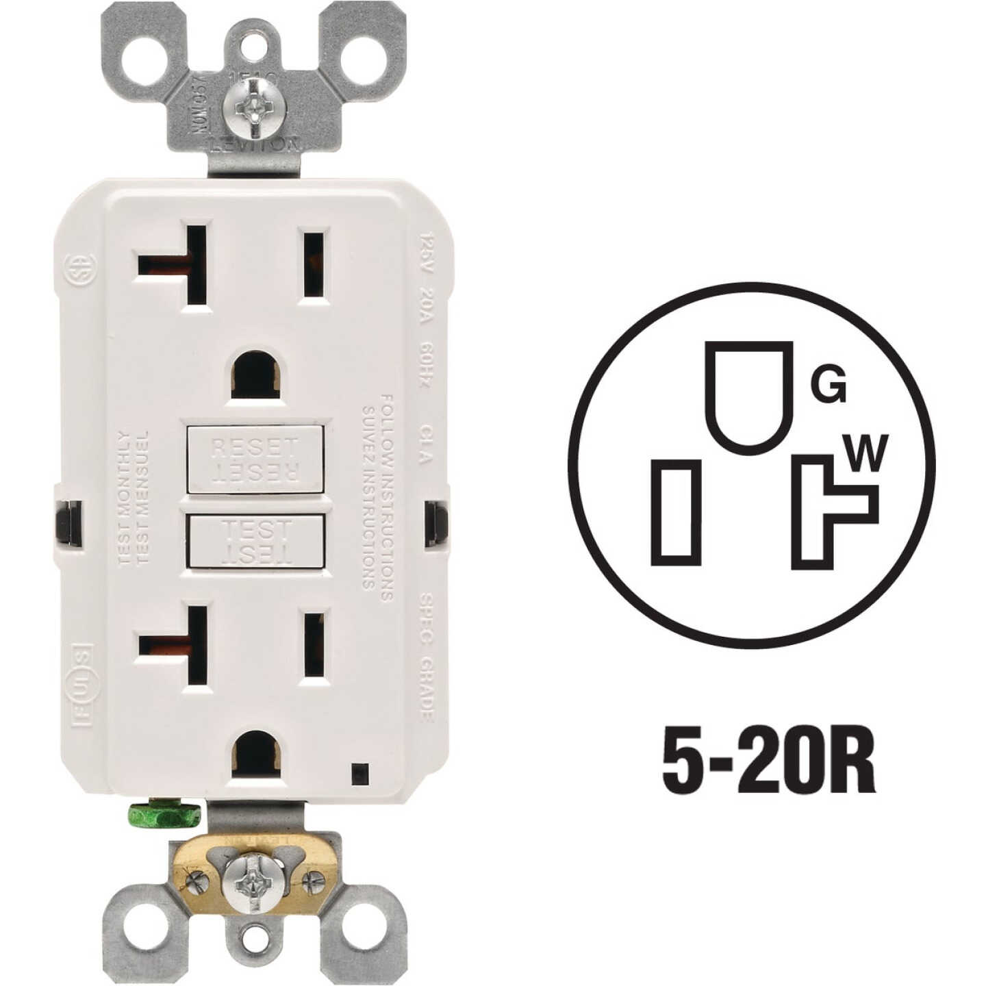 Leviton SmartlockPro Self-Test 20A White Commercial Grade Rounded Corner 5-20R GFCI Outlet Image 1