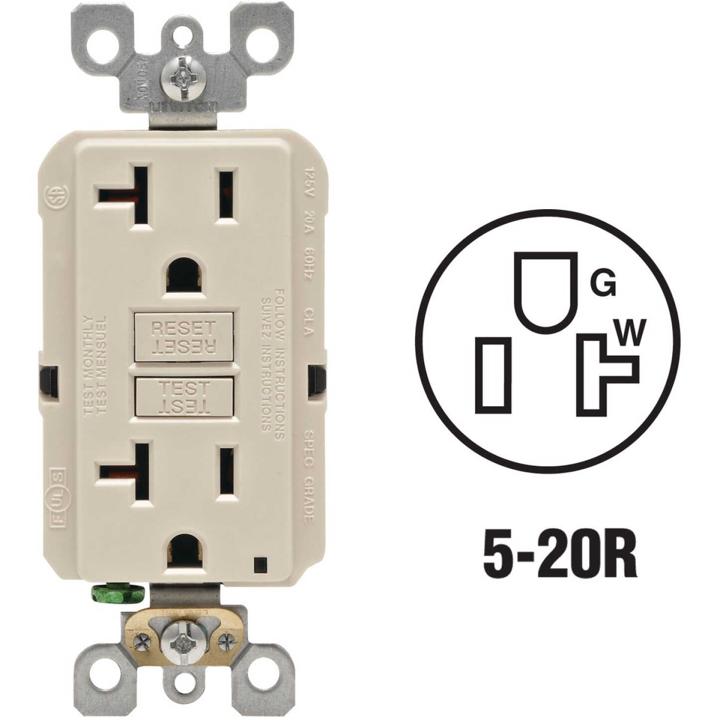 Leviton SmartlockPro Self-Test 20A Light Almond Commercial Grade Rounded Corner 5-20R GFCI Outlet Image 1