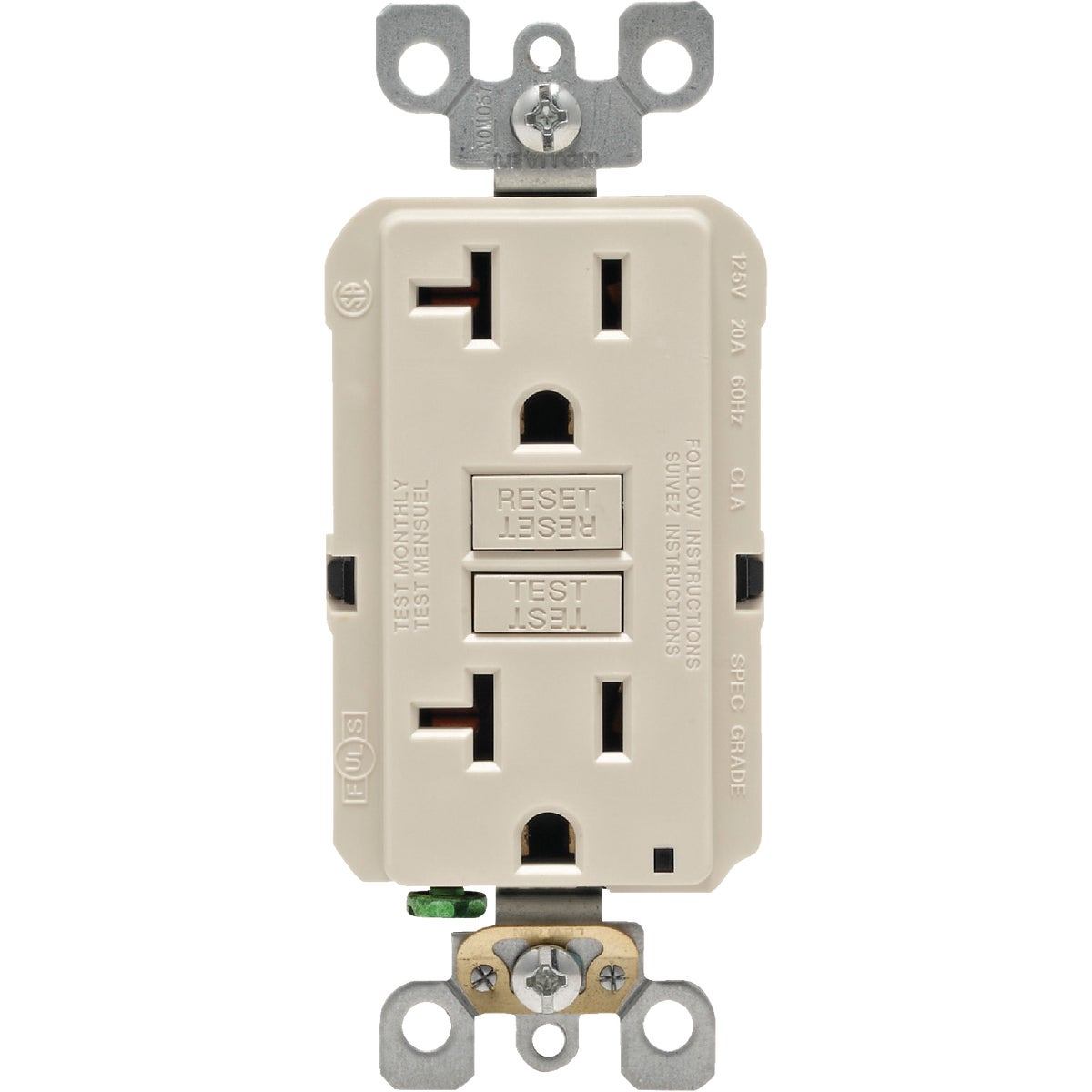 Leviton SmartlockPro Self-Test 20A Light Almond Commercial Grade Rounded Corner 5-20R GFCI Outlet Image 2