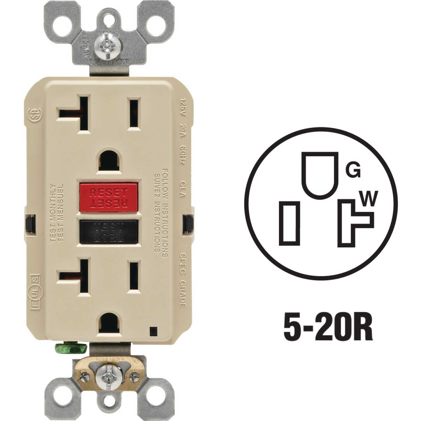 Leviton SmartlockPro Self-Test 20A Ivory Commercial Grade 5-20R GFCI Outlet Image 1