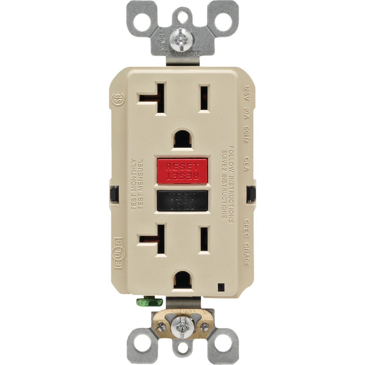 Leviton SmartlockPro Self-Test 20A Ivory Commercial Grade 5-20R GFCI Outlet Image 2