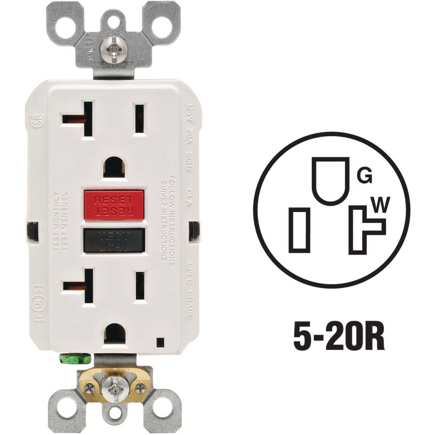 Leviton SmartlockPro Self-Test 20A White Commercial Grade 5-20R GFCI Outlet Image 1