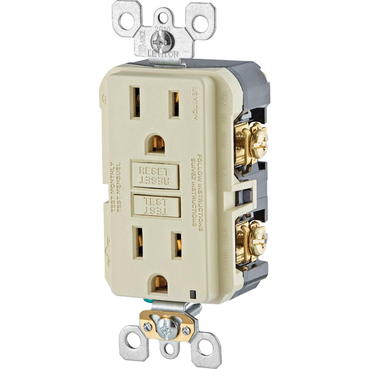 Leviton SmartlockPro Self-Test 15A Ivory Residential Grade 5-15R Slim GFCI Duplex Outlet (3-Pack) Image 8