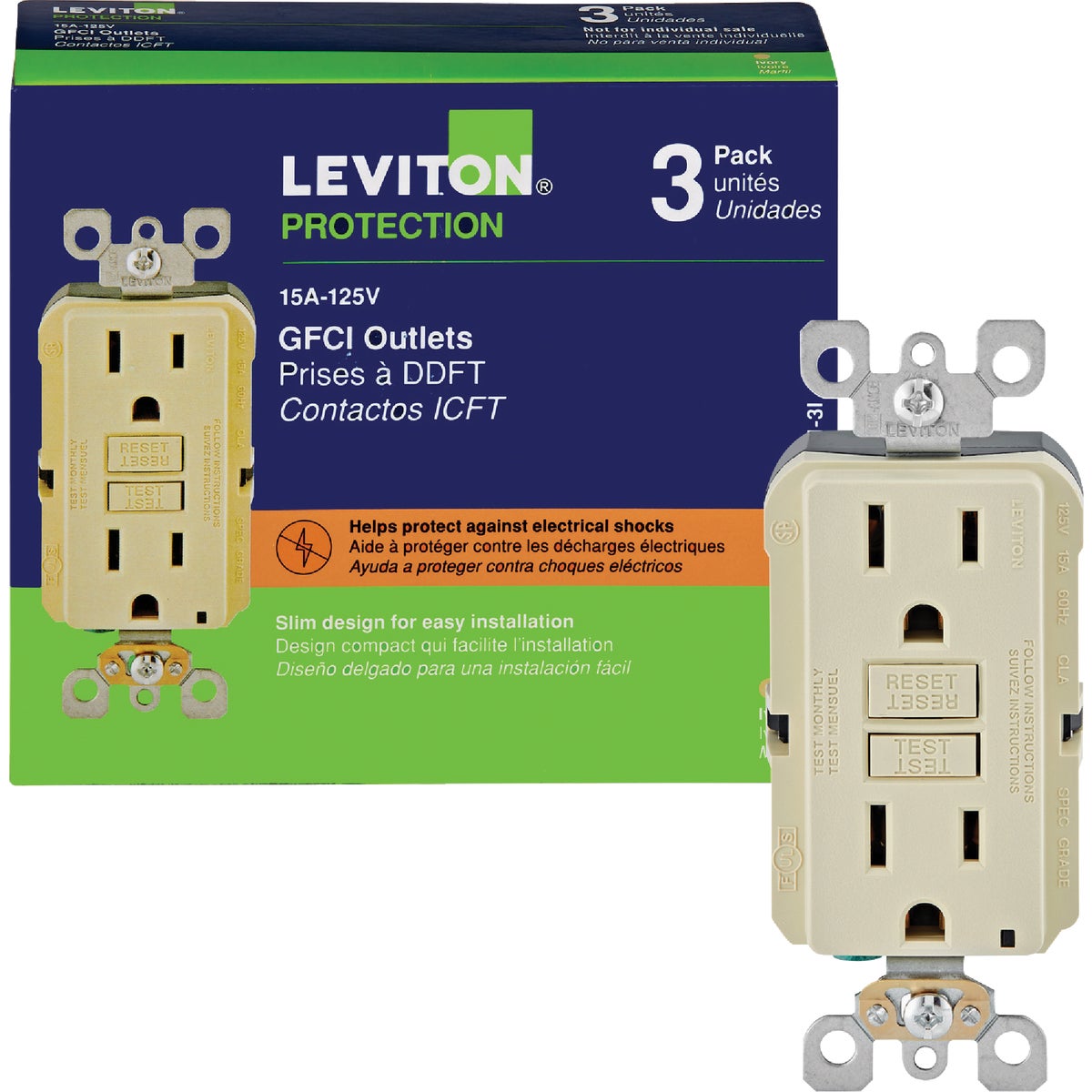 Leviton SmartlockPro Self-Test 15A Ivory Residential Grade 5-15R Slim GFCI Duplex Outlet (3-Pack)