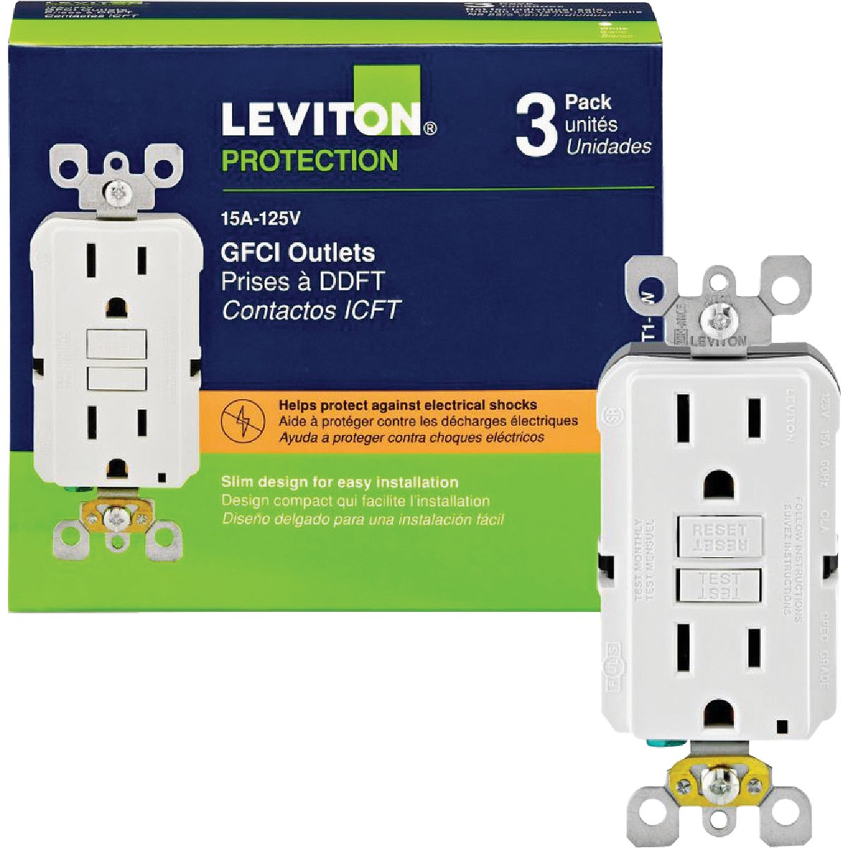 Leviton SmartlockPro Self-Test 15A White Residential Grade 5-15R Slim GFCI Duplex Outlet (3-Pack)