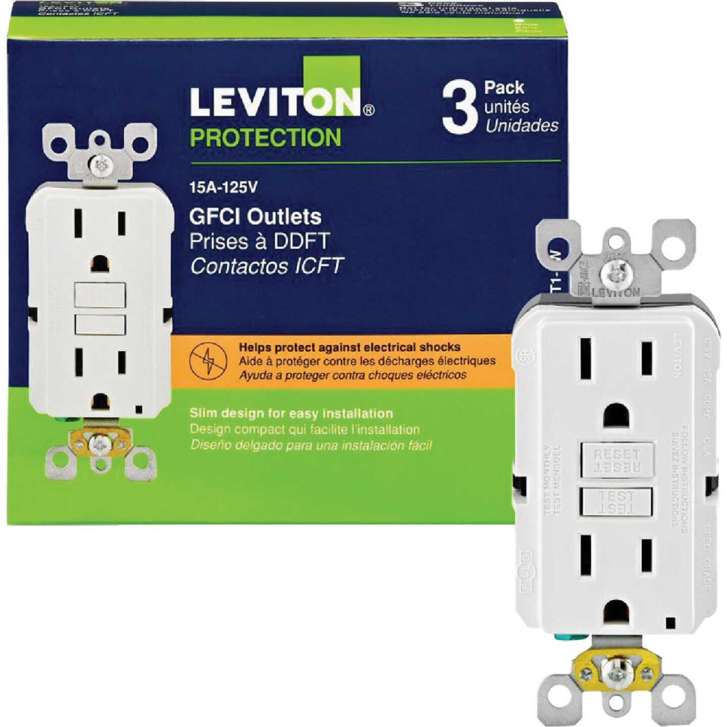 Leviton SmartlockPro Self-Test 15A White Residential Grade 5-15R Slim GFCI Duplex Outlet (3-Pack) Image 1