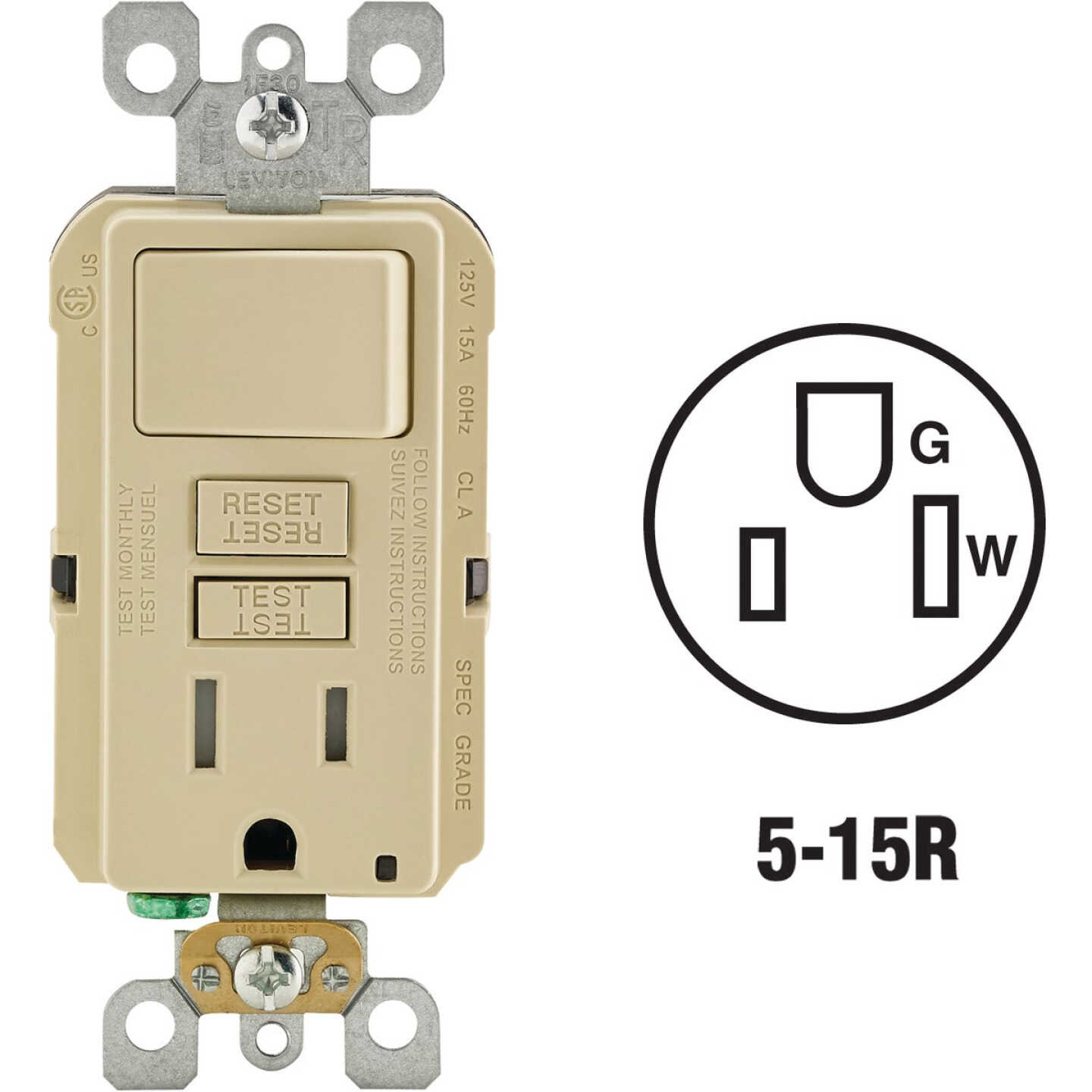 Leviton Ivory 15A Self-Test Tamper Resistant GFCI Switch & Outlet Combination With Wallplate Image 1