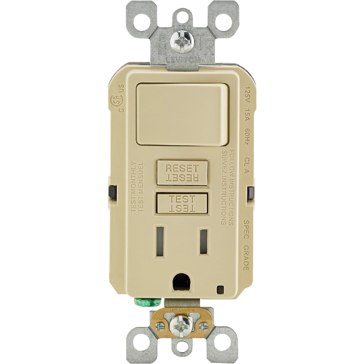Leviton Ivory 15A Self-Test Tamper Resistant GFCI Switch & Outlet Combination With Wallplate Image 2