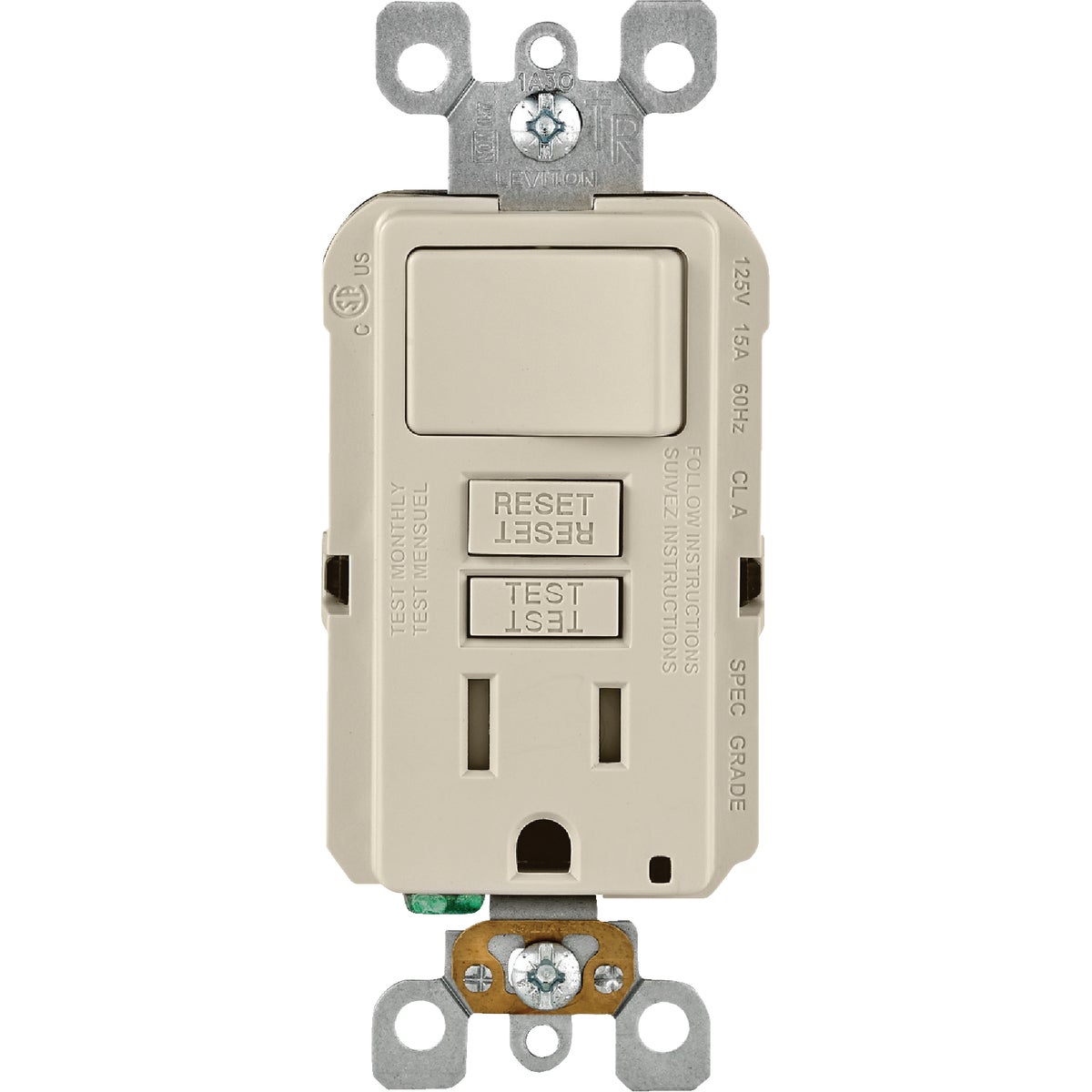 Leviton Light Almond 15A Self-Test Tamper Resistant GFCI Switch & Outlet Combination With Wallplate Image 2