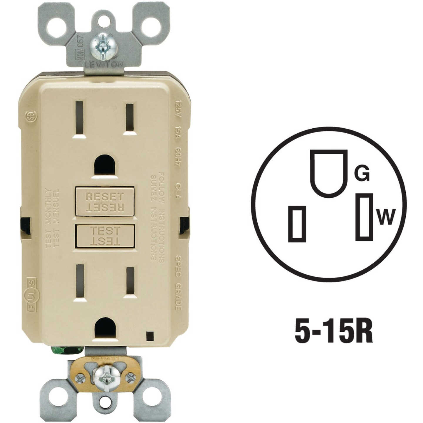 Leviton SmartlockPro Self-Test 15A Ivory Residential Grade Tamper Resistant 5-15R GFCI Outlet Image 1